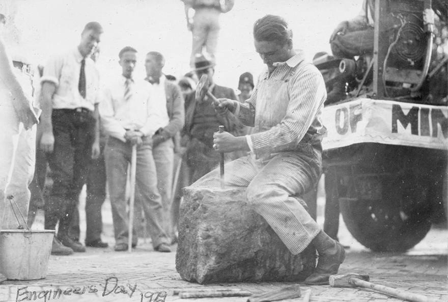 Students participate in rock drilling as part of Engineers Day activities in front of the Mackay School of Mines, 1929.
