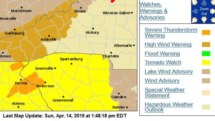 There's a tornado watch issued for over much of upstate South Carolina.