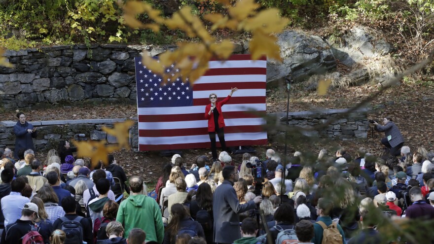 Warren, seen speaking at Dartmouth College in Hanover, N.H., last week, often ends her stump speech with a promise to "dream big" and "fight hard."