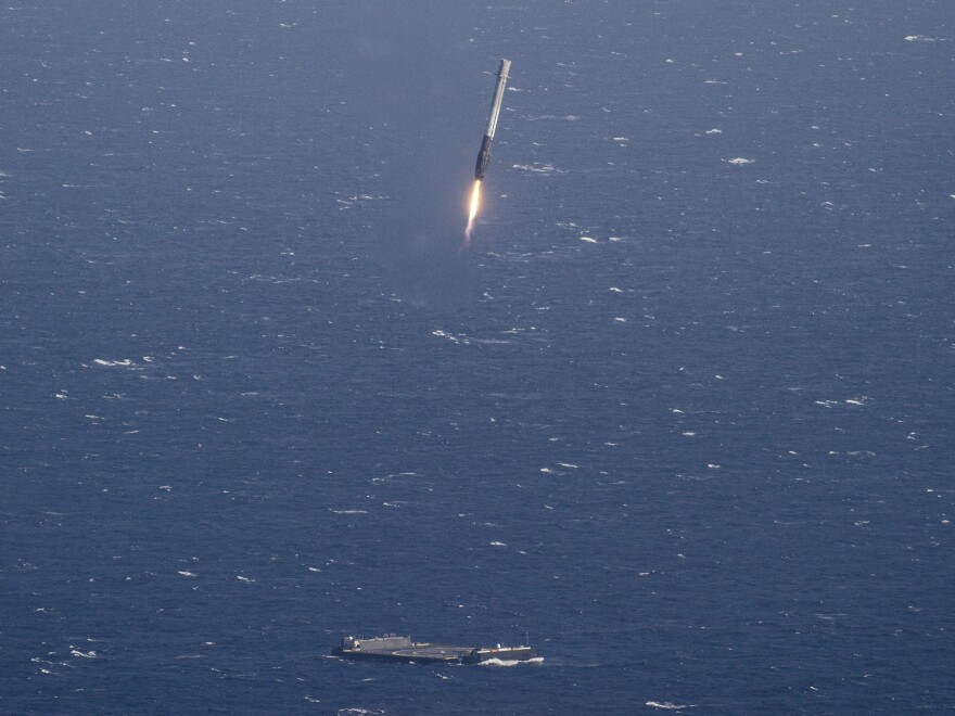 The first stage from last year's launch landed vertically on a barge at sea.