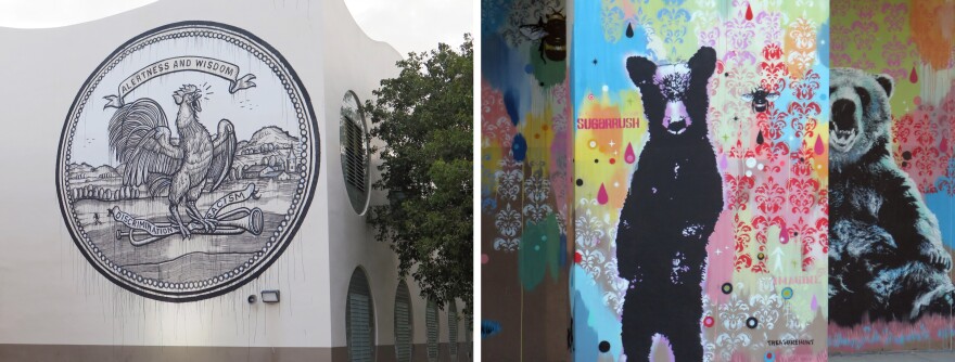 Italian artist Ozmo's mural at Eneida Hartner Elementary is on the left and at right, a close up of the mural by Dutch duo Pipsqueak was here!!!.