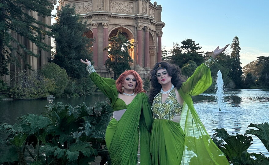 Bindi Masala (left) and Chai Auntea (right) pose at the Palace of Fine Arts in San Francisco, September 2025.