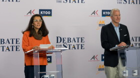 Democrat Mary Peltola (left) and Republican Sen. Dan Sullivan participated in Debate for the State at Alaska Public Media's studio on Oct. 15, 2026.