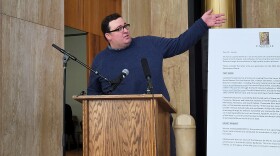 Bismarck filmmaker Matt Fern at a Capitol news conference