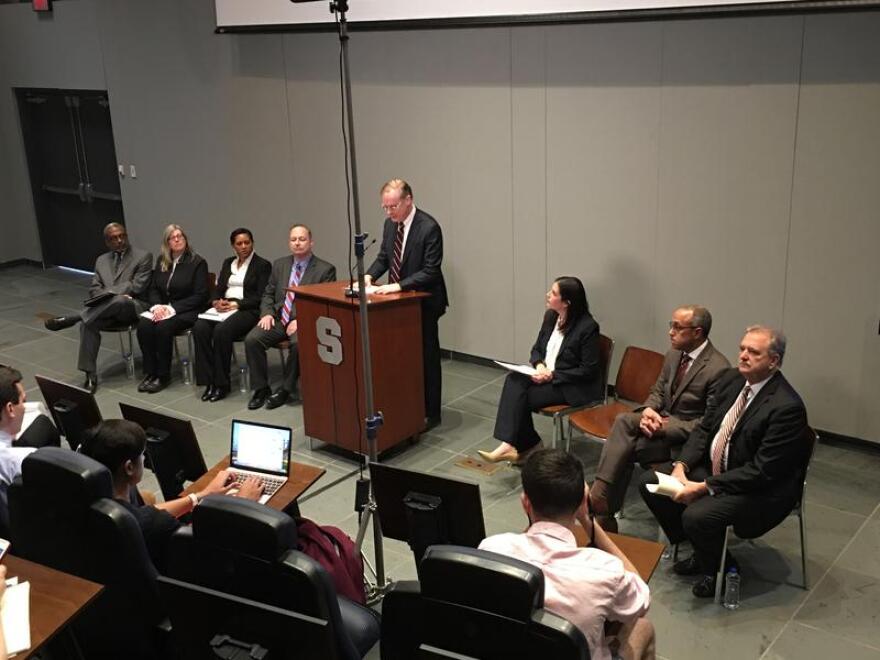 Syracuse University Chancellor Kent Syverud addresses the press Monday TOM MAGNARELLI / WRVO PUBLIC MEDIA