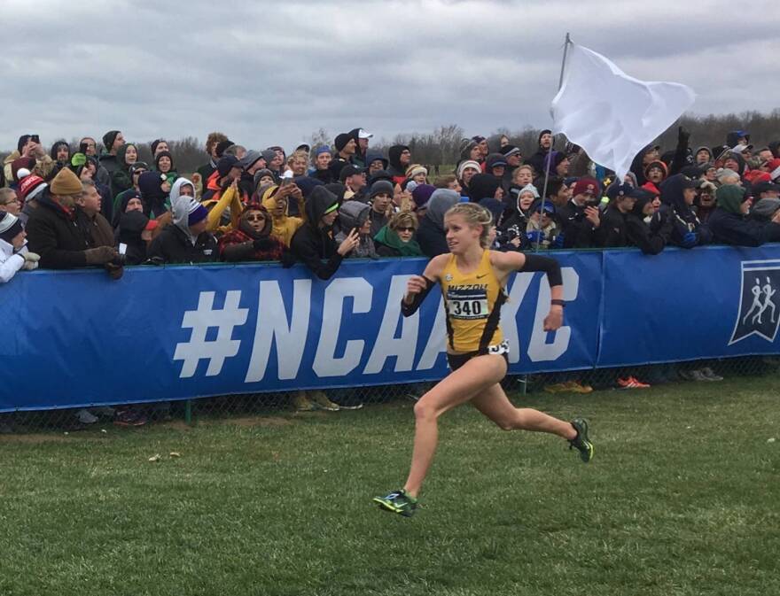 Missouriâ€™s Karissa Schweizer wins the womenâ€™s individual title in the NCAA cross country championships on Nov. 19 in Terre Haute, Ind. (Alex Ashlock/Here & Now)