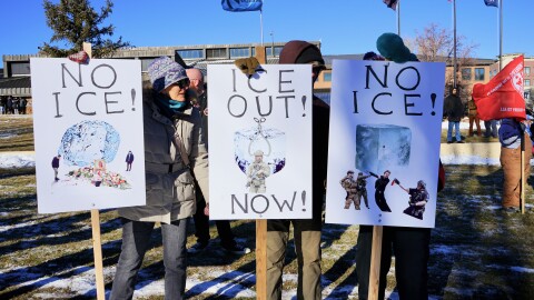 Protesters on Flagstaff's city hall lawn rallied Sat, Jan. 10, 2026, against Immigration and Customs enforcement and the fatal shooting of a woman in Minnesota.