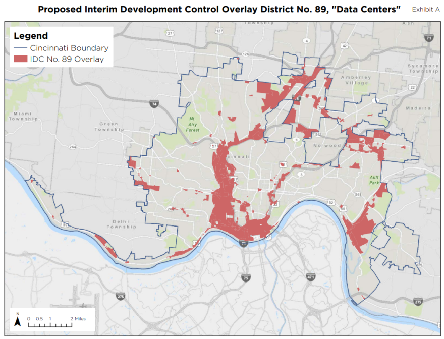A map showing the areas of Cincinnati that would be covered by the Data Center IDC; it includes all zones where a data center could currently be permitted.