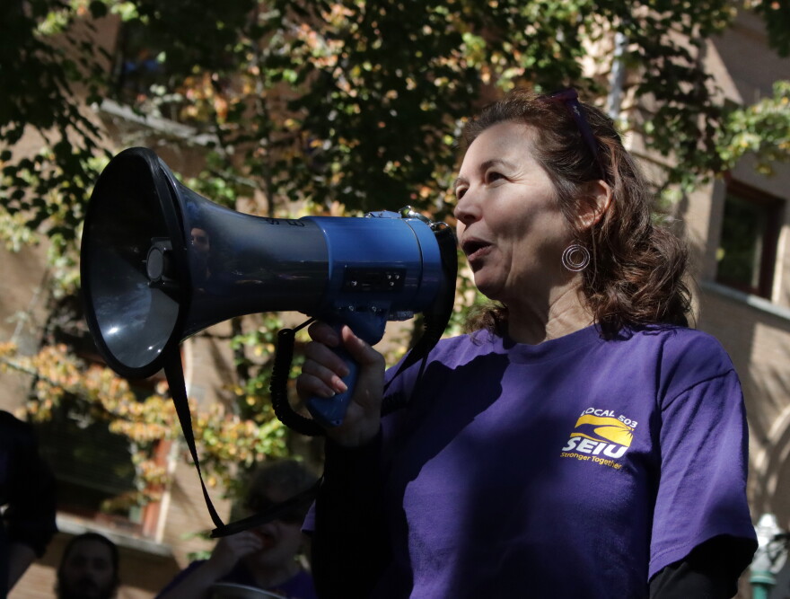 Jennifer Smith, the classified union president for the University of Oregon, speaks during the contract celebration in Eugene on Monday, Sept. 28, 2026.
