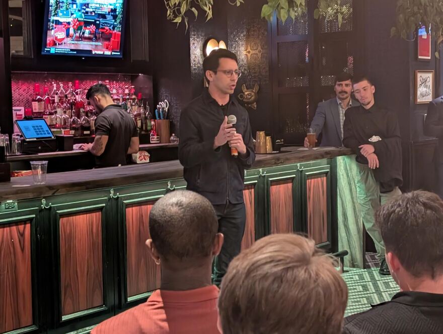 Florida Republican gubernatorial candidate James Fishback speaking in Tampa at American Social on Dec. 1, 2025.