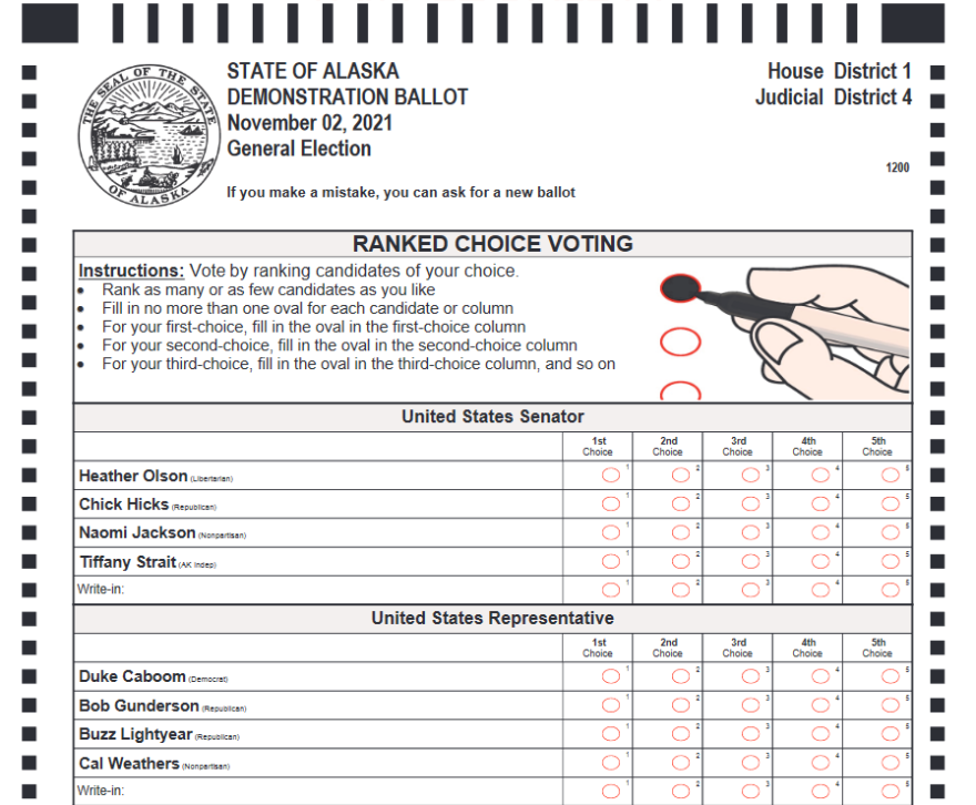State election officials shared their first prototype of a ranked-choice ballot Monday, a portion of which is shown here. The full sample ballots for the top-four primary and ranked-choice general election are available online. (Alaska Division of Elections)