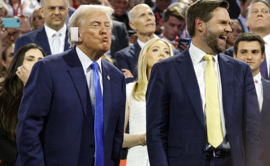 Former President Donald Trump blows a kiss toward a delegate during the session at the Fiserv Forum for the Republican National Convention in Milwaukee, Wis., Tuesday, July 17, 2024. (Ashleigh Lucas/WUFT News)