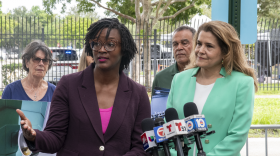 U.S. Senate Democratic candidate Angie Nixon holds a briefing outside an ICE processing facility in Miramar after a whistleblower report alleged overcrowding in the facility. Wednesday, Sept. 30, 2026, in Miramar, Fla.