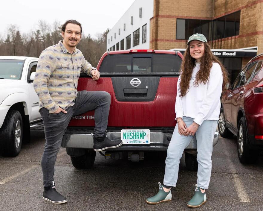 Stefan Mraz and Becky Heidt of Blue Heron Aquaculture outside their facility in Seabrook, New Hampshire.
