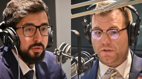 Composite photo shows two men wearing suits and ties talking on microphones inside a radio studio. 