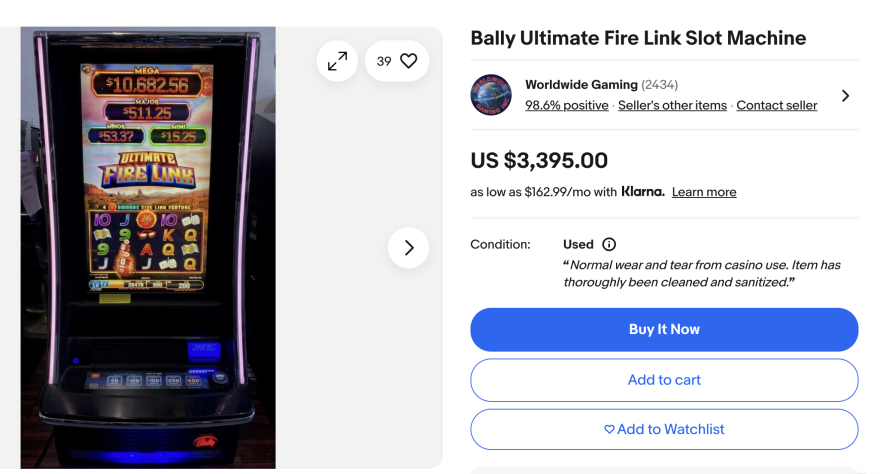 A screengrab of an online listing for a slot machine with a sale price of $3,395