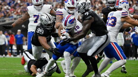 Buffalo Bills wide receiver Khalil Shakir (10) runs for a touchdown against the Las Vegas Raiders during an NFL football game in Las Vegas, Sunday, Oct. 18, 2026.