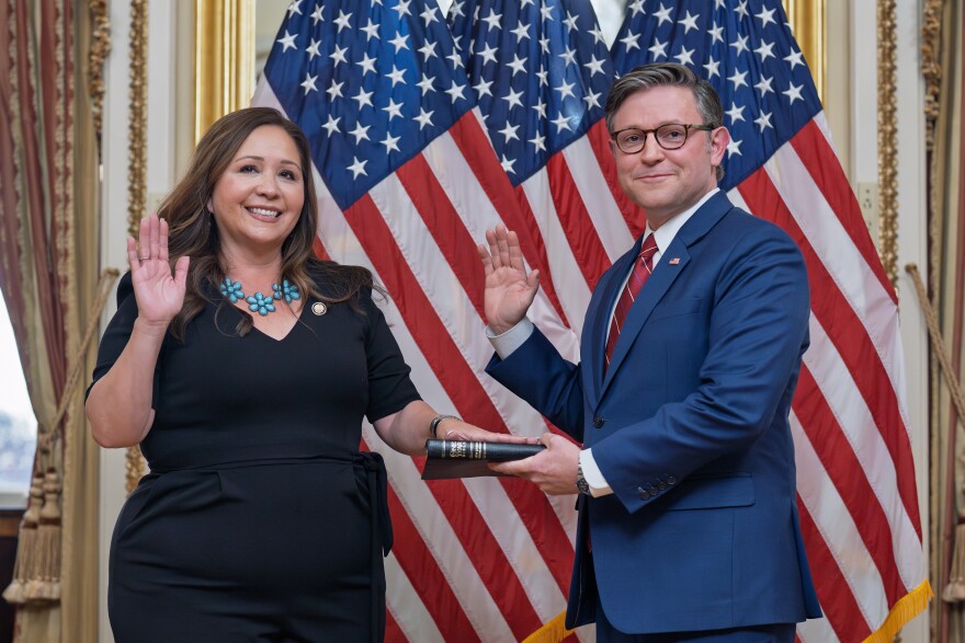 Speaker of the House Mike Johnson, R-La., holds a ceremonial swearing-in for Rep. Adelita Grijalva, D-Ariz., left, at the Capitol in Washington, Wednesday, Nov. 12, 2025.