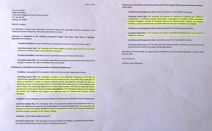These documents show that Central Lake Township sometimes copied and pasted sections of its audits or previous years' plans into documents explaining to the state how they would correct issues with financial accounting.