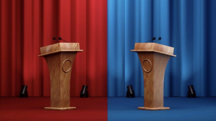 illustration showing two podiums with microphones facing each other, the one on the left is on a red stage with red curtains, on the right is a blue state and blue curtains 