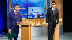 U.S. Rep. Tom Barrett, R-Charlotte, left, and Democratic nominee for U.S. House William Lawrence, right, after the conclusion of their first head-to-head debate at WKAR's studios in East Lansing, Mich., on Oct. 6, 2026.