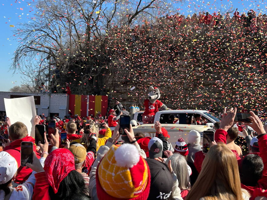 The Chiefs mascot KC Wolf at the beginning of the parade route on Feb. 14, 2024.