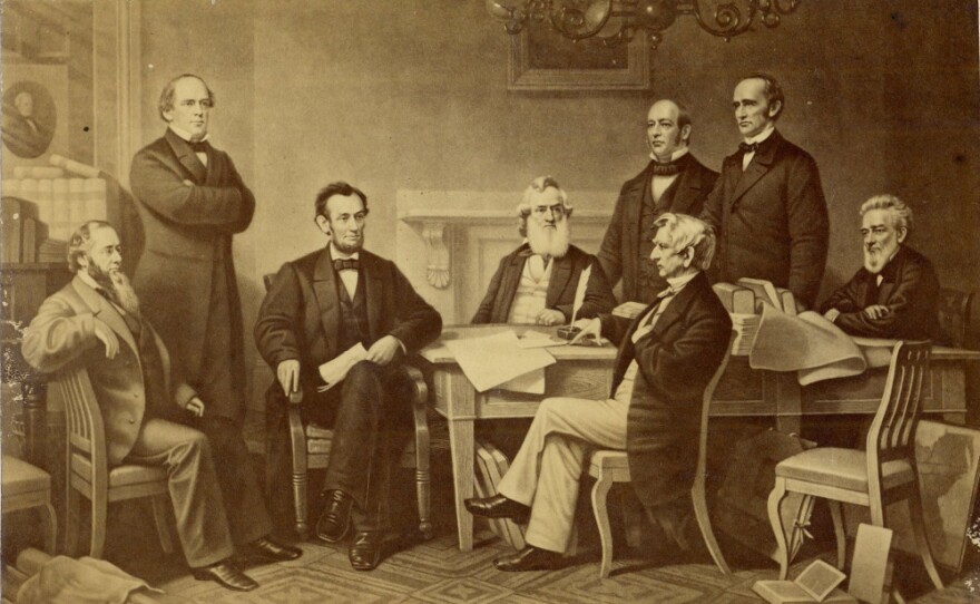 The first reading of the Emancipation Proclamation before the Cabinet, on July 22, 1862. Painted by F.B. Carpenter, engraved by A.H. Ritchie.