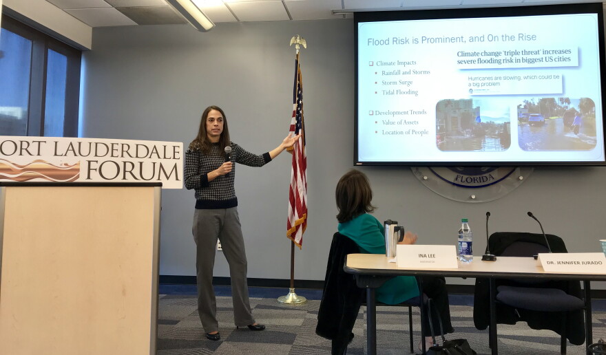 Jennifer Jurado, the chief resilience officer for Broward County, spoke to an audience about sea-level rise solutions in downtown Fort Lauderdale Wednesday morning.