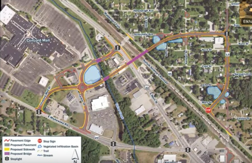 Graphic of Sunnyside Bridge project over SR 33 near the Concord Mall. On Monday, Elkhart County Commissioners approved around $12.5 million in funding for the project.