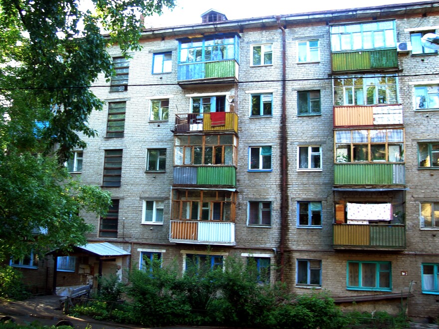 The exterior of Khrushchev-era apartments in Kazan, Russia.