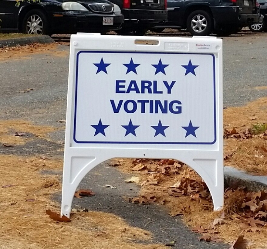 A white sign outside that says early voting with blue stars around it.