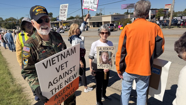 Vietnam veteran Fred Threadgill protests with others at Saturday's No Kings Protest in Tulsa.