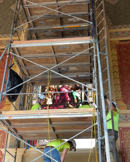 Artisans are taking apart, removing and then reassembling every stained glass window.