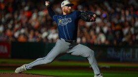 Tampa Bay starting pitcher Drew Rasmussen delivers during the second inning of a game at Houston on July 4, 2026. Rasmussen was one of four Rays selected for the American League All-Star team.