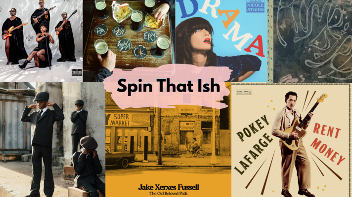 A collage of artworks for seven musical releases with a pink bubble in the middle that has the words "Spin That Ish"