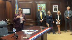 State Rep. Krista Griffith (left) speaks on HB 380 and 381.