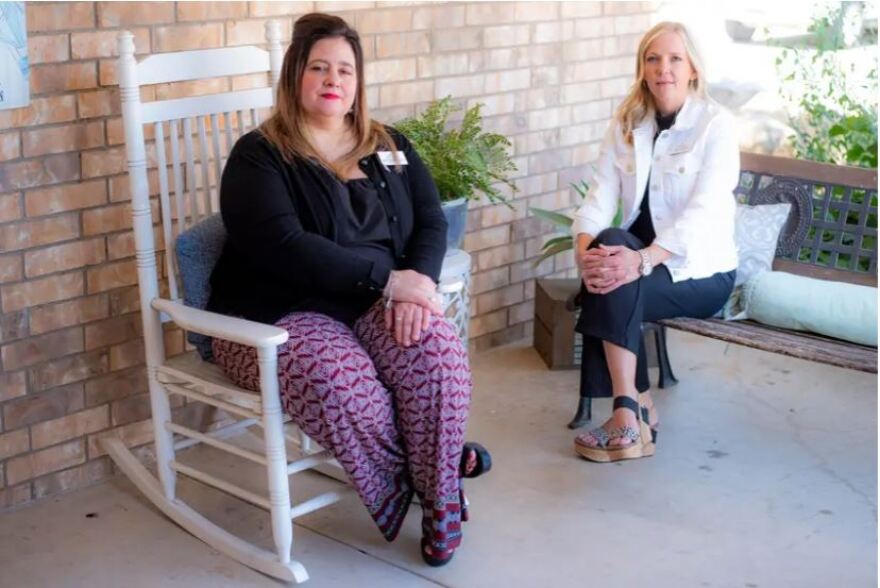  Heather Mahaffey, left, and Shelli Shields sit outside the Grayson Crisis Center in Sherman on Oct. 5. They want to protect domestic violence victims from gun violence by establishing a firearm transfer program. 
