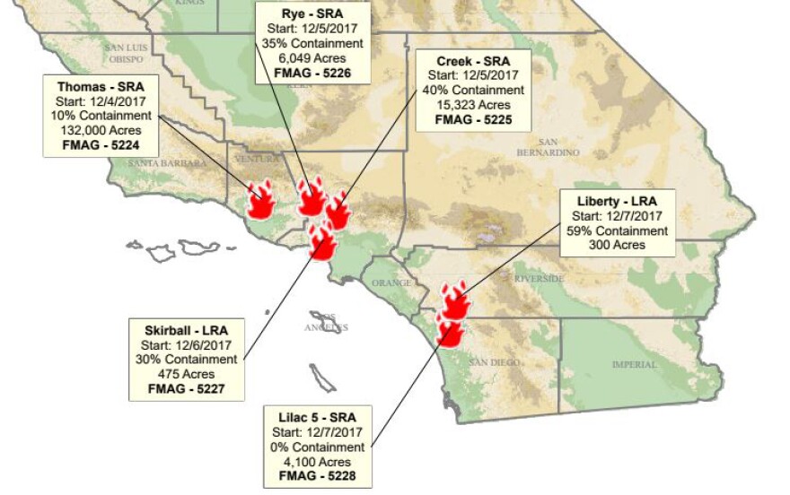 A map issued by the California Governor's Office of Emergency Services showed the locations of six active fires in Southern California on Friday.