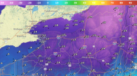 A map depicting New York state with different shades of blue and purple to illustrated the coldest areas. More details on this forecast are included in the body of this story. 