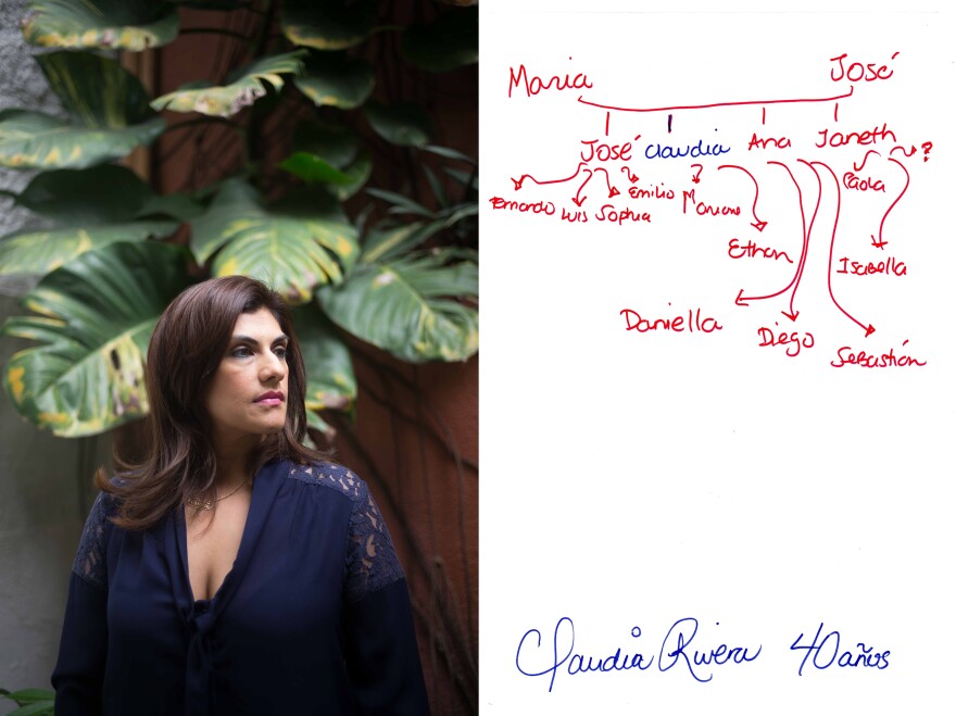 A portrait of Claudia Rivera, left, and a hand-written diagram of her family tree. The names in red indicate family members who live in the United States, and those in blue live in El Salvador. Rivera, a doctor, once lived in the U.S., too. She and her family immigrated there in 1983 to escape the civil war. After many years, she decided to return to El Salvador.