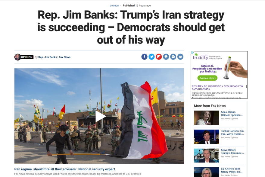 A screenshot of a Fox News oped written by Indiana Rep. Jim Banks.
