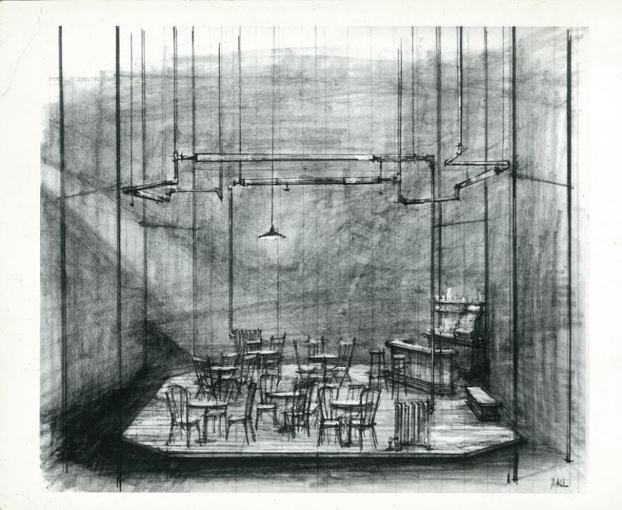 A black and white sketch by Ming Cho Lee showing a concept for "The Iceman Cometh" on Arena Stage, 1968.