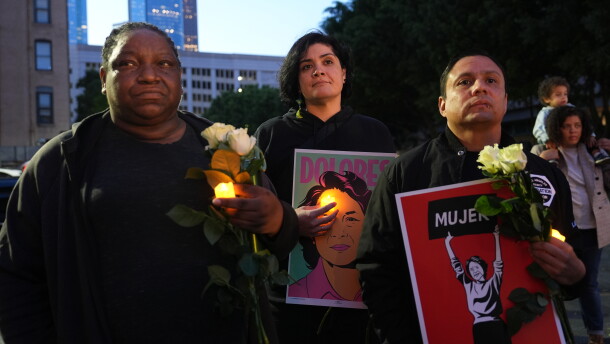 People attend a vigil to honor Dolores Huerta, a labor organizer whose advocacy improved conditions for migrant farm workers, Wednesday, Oct. 28, 2026, in Los Angeles.