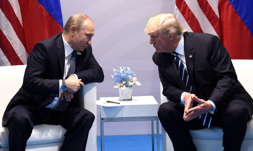 U.S. President Donald Trump (right) and Russia's President Vladimir Putin hold a meeting on the sidelines of the G20 Summit in Hamburg, Germany, on July 7, 2017. (Saul Loeb/AFP/Getty Images)