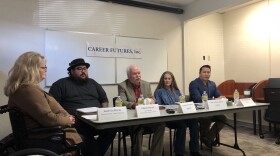 Democratic Legislators and representatives of Career Futures address a press conference in Butte on February 13. Job-training providers like Career Futures say they’re at risk of closing down after the state chose to award the contract for their services to an out-of-state-company. (From left: Sarah de Money, Executive Director of Career Futures; Dakota Stormo, board member; State Senator Pat Flowers, State Representative Mary Cafaero, and Rep. Donavan Hawk).