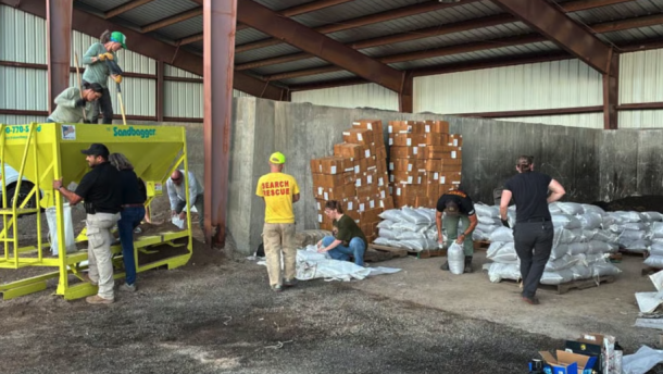 Upper San Juan Search & Rescue, Archuleta County Public Works Department, and Archuleta County Sheriff’s Office making a start on sand bag filling. 2.5hrs in so far, and 310 bags filled on Oct. 20, 2026.