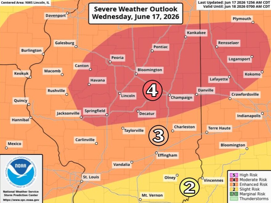 Weather map for June 17, 2026, showing severe weather risk levels across parts of Illinois. Key points describe a primary tornado threat, damaging winds, large hail, and expected storm timing. National Weather Service logo.