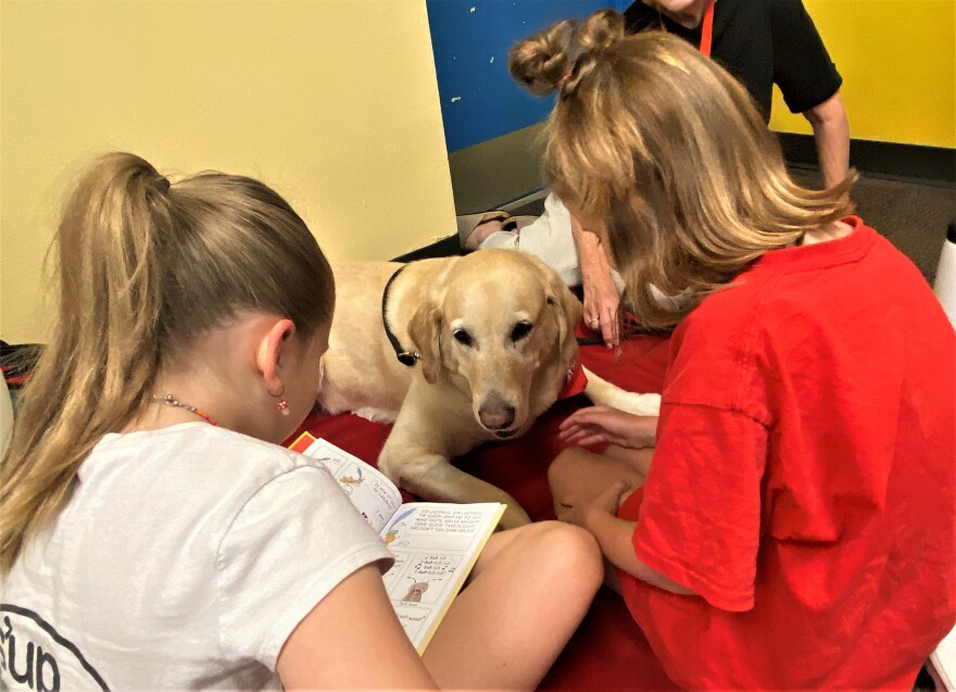  A golden lab listens to a blond girl in a pony tail reading while another girl in a red t-shirt sits closeby.