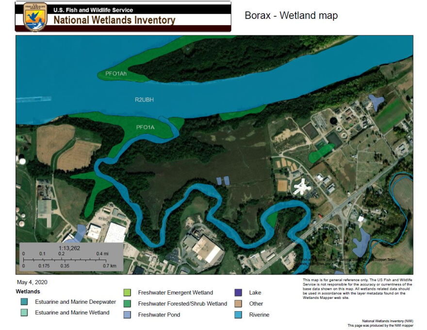 A map outlining the wetlands along Canoe Creek in Henderson, Ky.