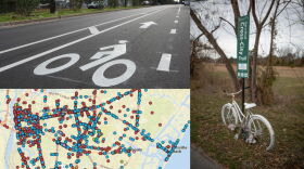 Clockwise from top right: The recently completed bike path on the overhauled 5th Avenue roadway in downtown Wilmington; a 'ghost bike' memorial for Megan McClellan stands at the site where she was killed riding her bike on 17th Street in 2017 (photo: Madeline Gray), and an NCDOT map of traffic-related injuries around the Wilmington area.